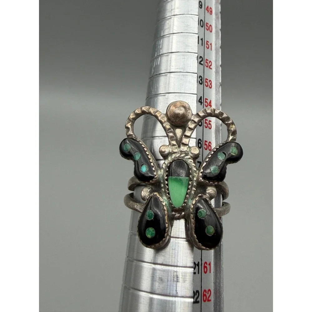 Fred Harvey Era Zuni Jet & Turquoise Inlay Sterling Silver Butterfly Ring #1144